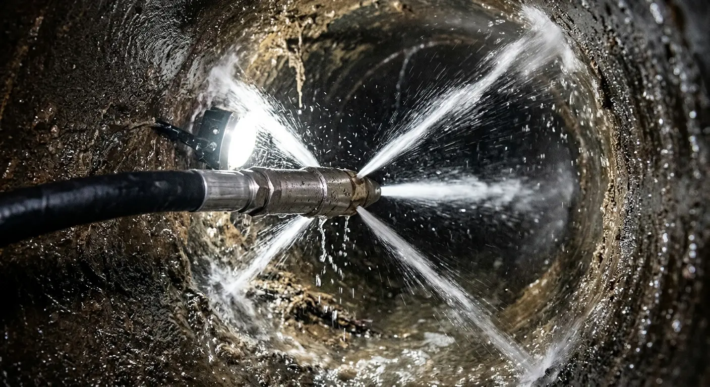 High-pressure hydro jetting nozzle cleaning sewer pipe for Trenchless Sewer Repair in Alondra Park