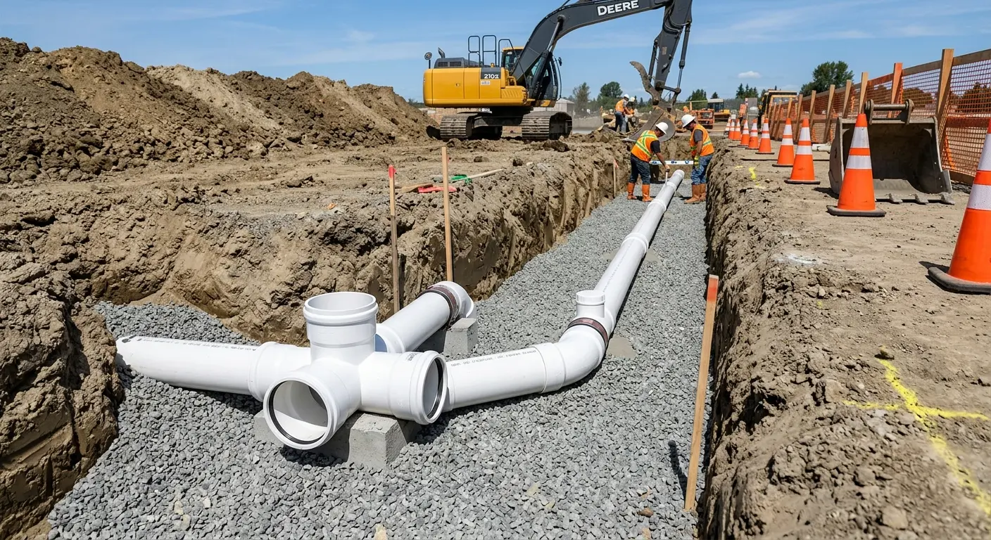 New PVC sewer pipe installation in open trench for Sewer Backup in Alondra Park